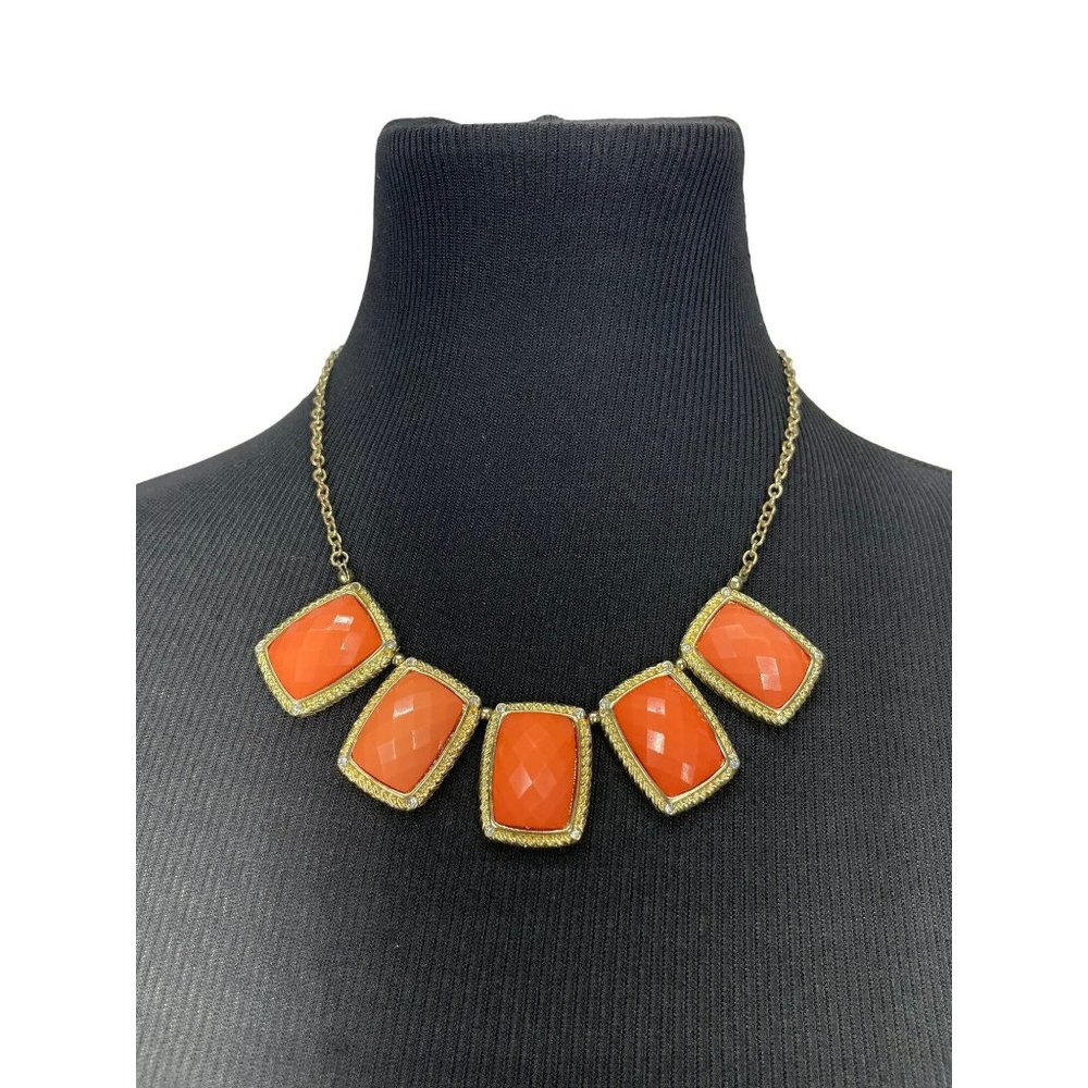 Vintage 80's Fun Coral Peach‎ Cleopatra Style Square Gem Bib Gold Tone Necklace